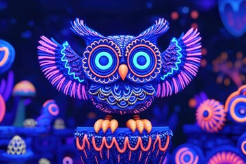 Colorful neon owl with glowing eyes and wings, representing creativity, imagination and mystery
