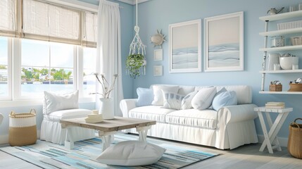 Tranquil Coastal Living Room. Serene seaside design concept