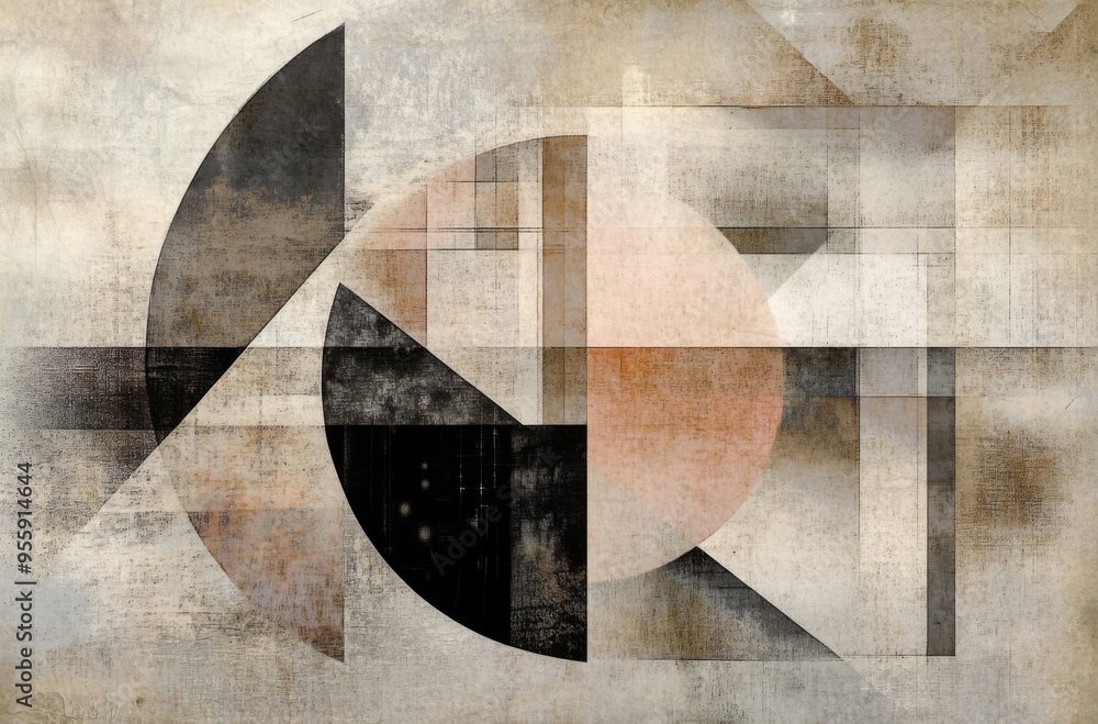 Poster abstract geometric shapes in neutral tones on textured paper, featuring muted grays and beiges with 