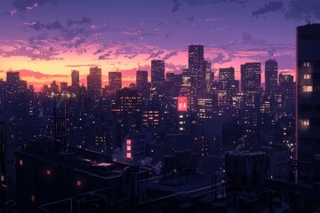 Obraz premium City skyline at twilight with a peaceful blend of colors and gentle city lights. Cozy vibe, Generative AI