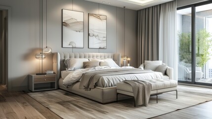 Modern Elegance. Contemporary bedroom with sleek furniture, neutral colors, and modern decor