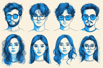 Blue Hues of Identity: A captivating illustration showcasing a diverse group of individuals in a trendy blue palette, celebrating the beauty of individuality and inclusivity. 