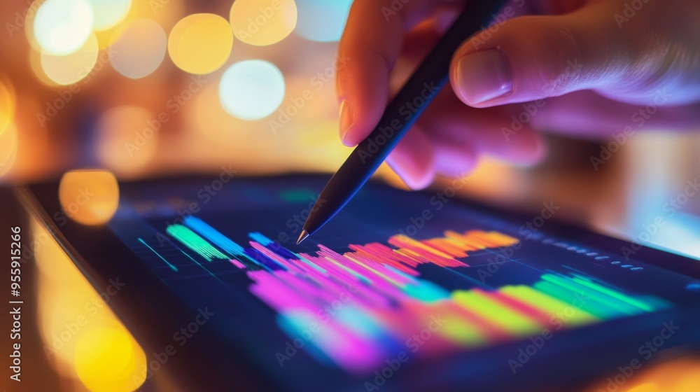 Poster Close-up of a tablet displaying a multicolored bar graph, with a stylus pen in hand