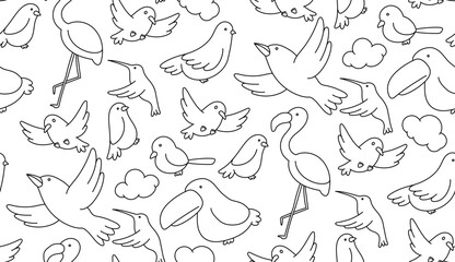 Bird Seamless pattern background flamingo, hummingbird, pigeon, sparrow and cloud kids hand drawing set illustration black color isolated on white background