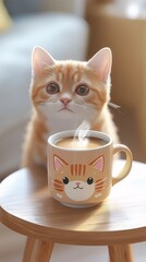 A Cute Orange Tabby Cat Next to a Delicious, Steaming Cup of Caf&eacute; Latte in the Morning, in the Warmth of Home, with a Cat-Face Design on the Cup.