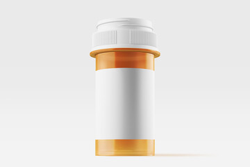 amber colored transparent plastic glass prescription medicine vial bottle reversible cap with blank label textured paper pharmacy medical theme realistic mockup template