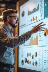 A digital analyst presenting reputation management insights. Large screen with visual reports and trends