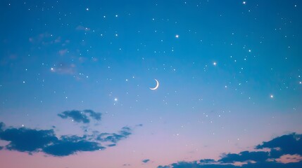 Crescent Moon and Stars in a Blue Sky.
