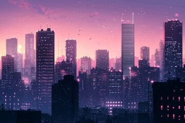 Fototapeta premium City skyline at twilight with a serene, fading sky and softly lit buildings. Cozy vibe, Generative AI