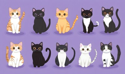 Obraz premium Cartoon Style Depiction of Various Worldwide Cat Breeds on Lavender Background