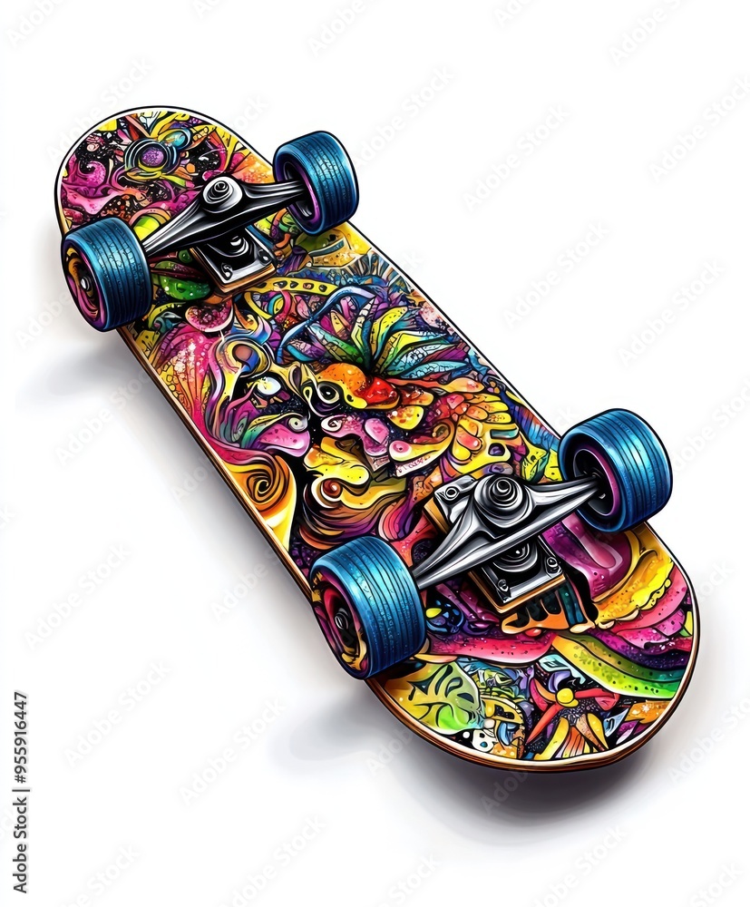 Canvas Prints A vibrant, colorful skateboard featuring intricate designs and artistic patterns.