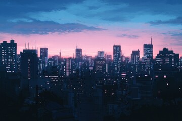 Obraz premium City skyline at twilight with a soft gradient sky and illuminated skyscrapers. Cozy vibe, Generative AI