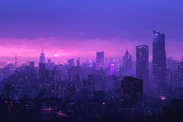 Fototapeta premium City skyline at twilight with a soft gradient sky and illuminated skyscrapers. Cozy vibe, Generative AI