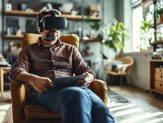 A man using virtual reality headset while seated in a cozy living room.