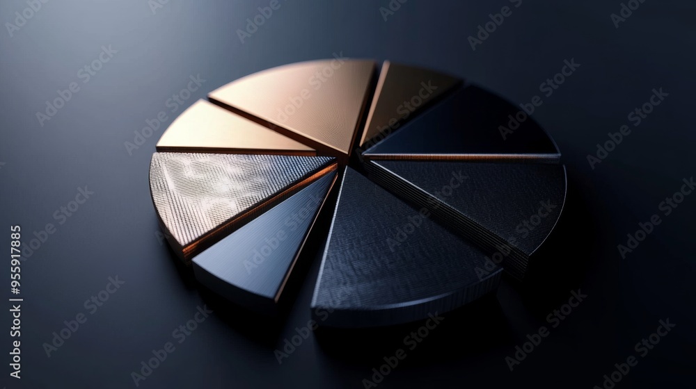 Poster detailed 3d pie chart with metallic textures, each segment separated slightly, dark background