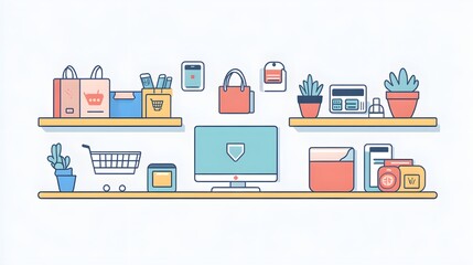 Flat design of an e-commerce website with clear shopping and payment icons