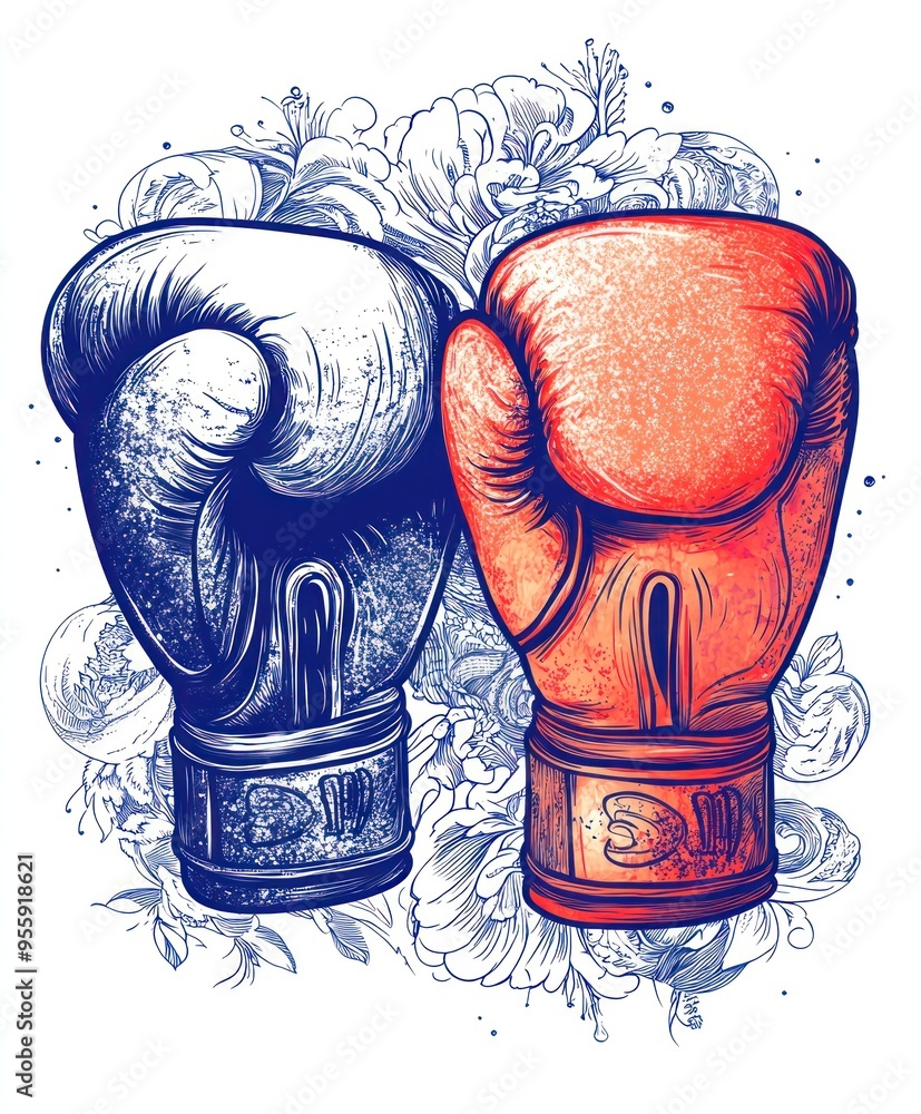 Canvas Prints Two boxing gloves in blue and orange against a floral background, symbolizing competition.