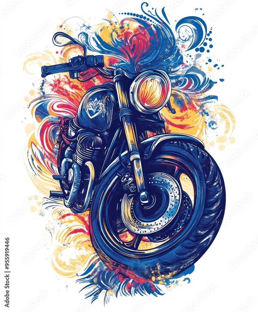 Sticker A vibrant illustration of a motorcycle surrounded by colorful abstract designs.