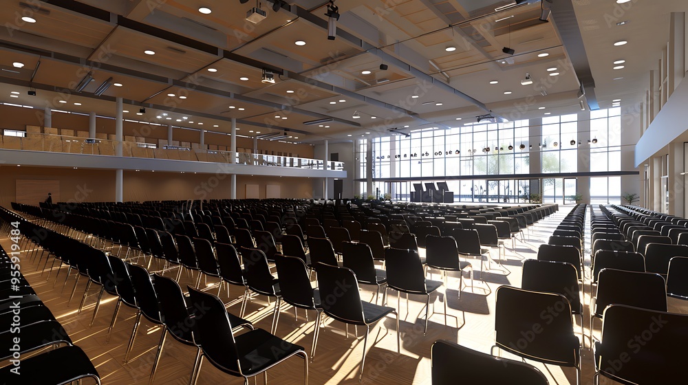 Poster a 3d-rendered convention center with a spacious main hall filled with rows of chairs and a large sta