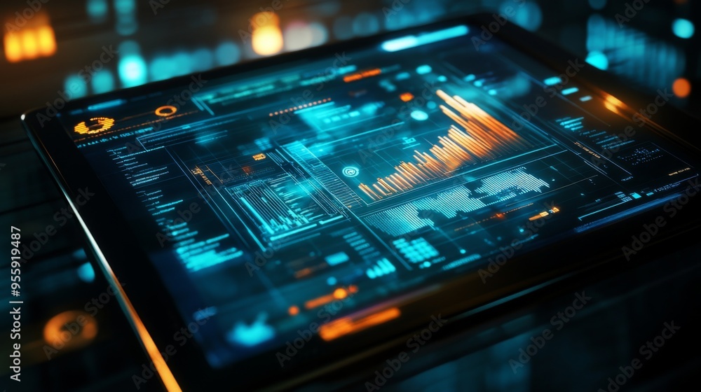 Poster digital tablet displaying a complex graph with analytics icons and technology overlays