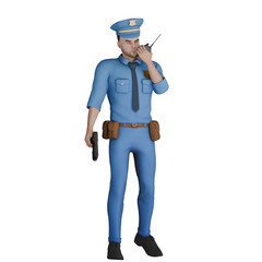 Professional Cartoon Police Character. A male police officer stands with his left hand holding a HT while his right hand holds a gun. 3D Male Model