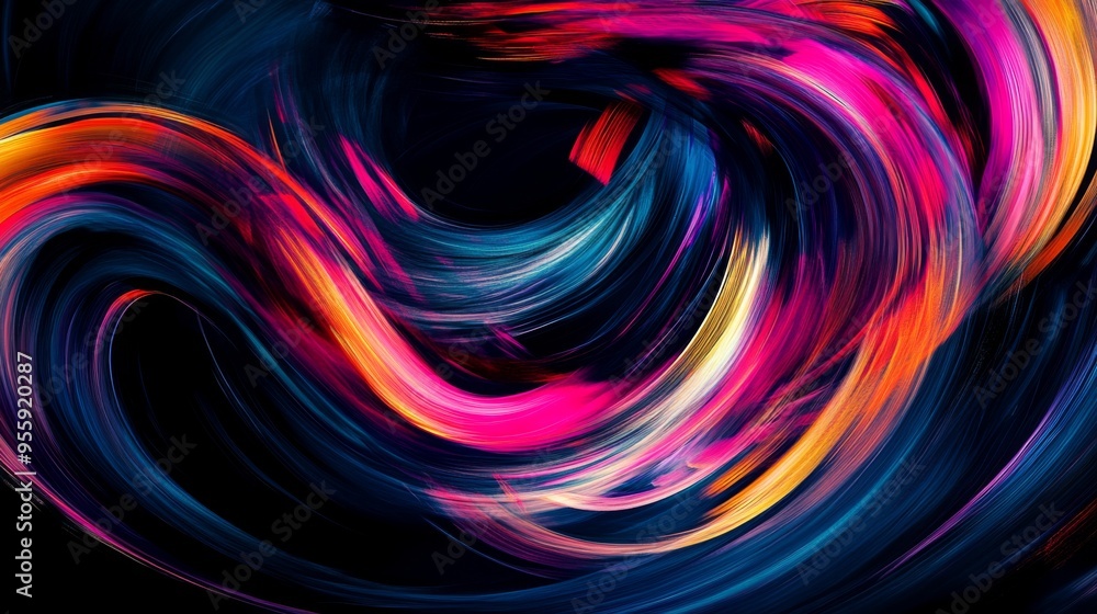 Poster dynamic swirling lines in vibrant colors, creating a sense of movement and energy, dark background