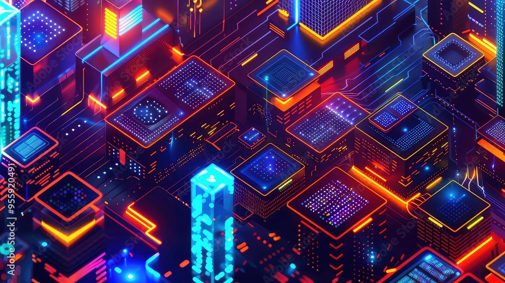 Aufkleber abstract futuristic city with glowing lights and geometric shapes, creating a sense of a digital and