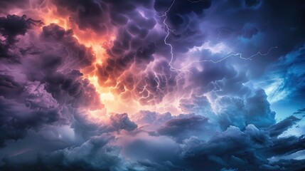 A high-contrast image of a stormy sky, with dark clouds and vivid lightning strikes