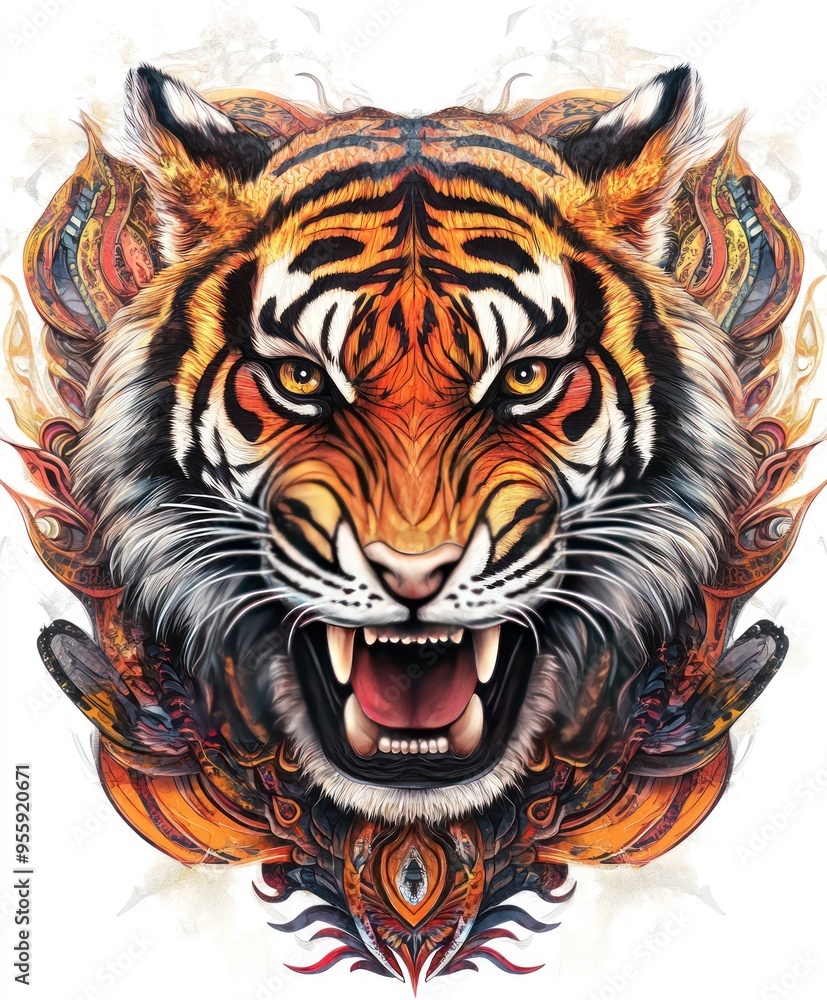 Canvas Prints A vibrant and fierce illustration of a tiger's head, showcasing intricate details and colors.