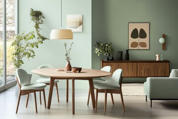 Scandinavian dining room with light green walls, an oval wooden table, matching chairs, a modern sofa, and a walnut cabinet.