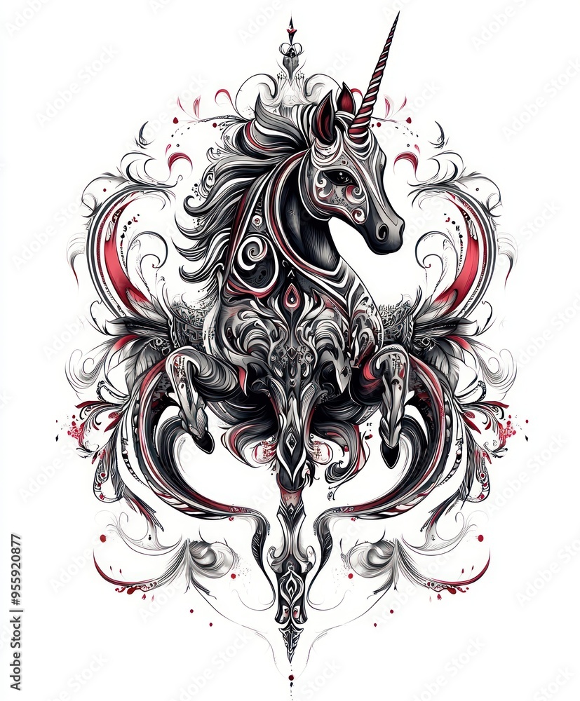 Wall mural A stylized black and red unicorn design with intricate floral patterns.