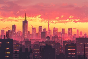 Fototapeta premium City skyline at twilight with softly glowing lights and a tranquil, fading sky. Cozy vibe, Generative AI