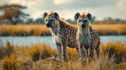 Africa's most iconic predators, two cheetahs, standing together on the savannah.