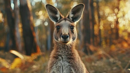 Fototapeta premium A kangaroo standing in a forest during the fall season,