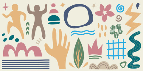 Big set of hand drawn various shapes and doodle objects. Abstract contemporary modern trendy vector illustration. All elements are isolated