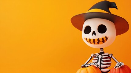 Happy Halloween. Cute little toy Skeleton waves a bony hand through a torn paper hole on a bright orange background, copy space, Minimalism. High quality photo