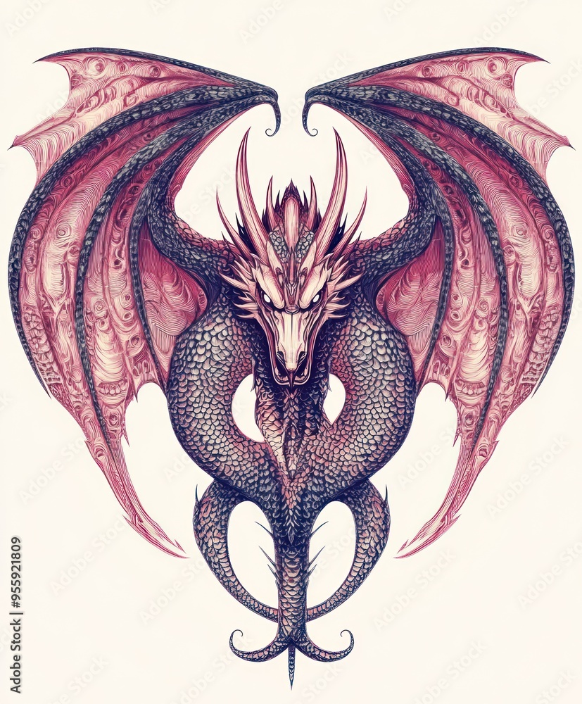 Canvas Prints A detailed illustration of a dragon with intricate scales and large wings.