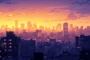 Obraz premium City skyline at twilight with warm, golden hues and a gentle, peaceful atmosphere. Cozy vibe, Generative AI