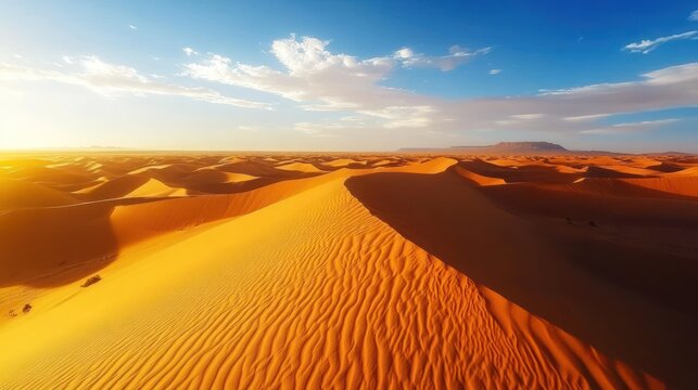 Sunset over a vast expanse of rolling sand dunes in the desert.