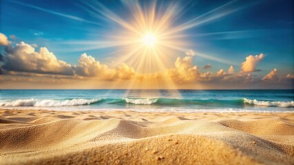 Sunny beach with hot sand and blurred sun rays in background, sea, beach, sand, sunny, bokeh, summer, relaxation