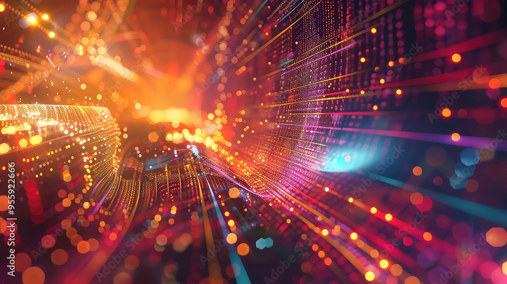 Poster abstract background with glowing lines, dots, and bokeh lights.