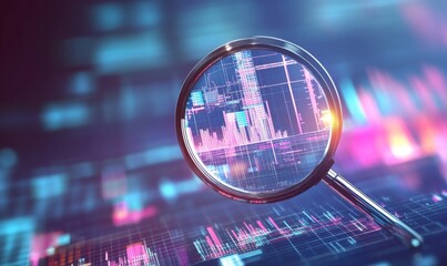Magnifying glass over digital data visualizations, highlighting the clarity and focus AI technology brings to business analysis.