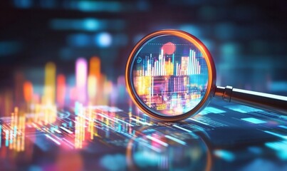 Magnifying glass over digital data visualizations, highlighting the clarity and focus AI technology brings to business analysis.