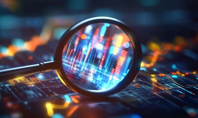 Magnifying glass over digital data visualizations, highlighting the clarity and focus AI technology brings to business analysis.