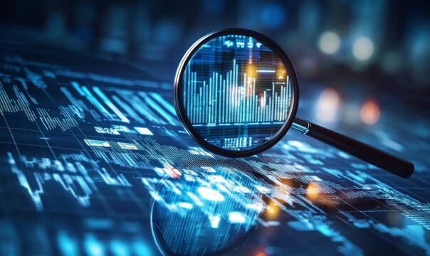 Magnifying glass over digital data visualizations, highlighting the clarity and focus AI technology brings to business analysis.