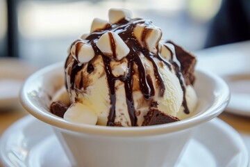 Close-up of a white bowl filled with ice cream topped with chocolate, marshmallows, brownie pieces, and drizzled with hot fudge sauce, served on a white plate in a cafe setting.