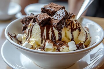 Close-up of a white bowl filled with ice cream topped with chocolate, marshmallows, brownie pieces, and drizzled with hot fudge sauce, served on a white plate in a cafe setting.