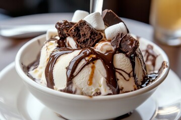 Close-up of a white bowl filled with ice cream topped with chocolate, marshmallows, brownie pieces, and drizzled with hot fudge sauce, served on a white plate in a cafe setting.