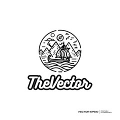 Mountain ship and sea view with ship vintage line art logo, vector, mascot, character, cartoon, illustration, eps10