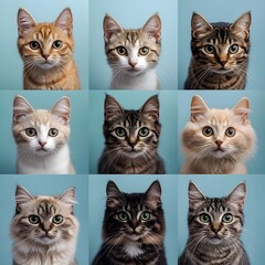 Variety of Adorable Feline Portraits on Pale Blue Background